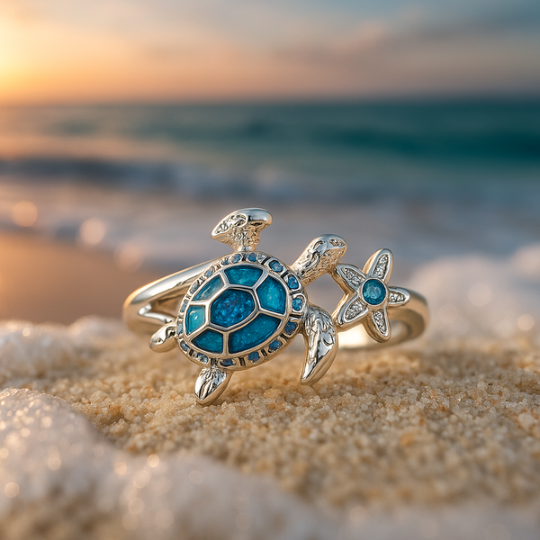 Silver Turtle Blue Opal Ring