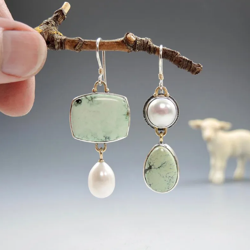Asymmetrical Pearl & Green Enamel Earrings
