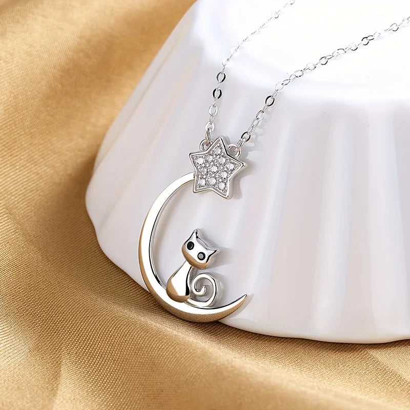 Sterling Silver Cat, Moon & Star Pendant
