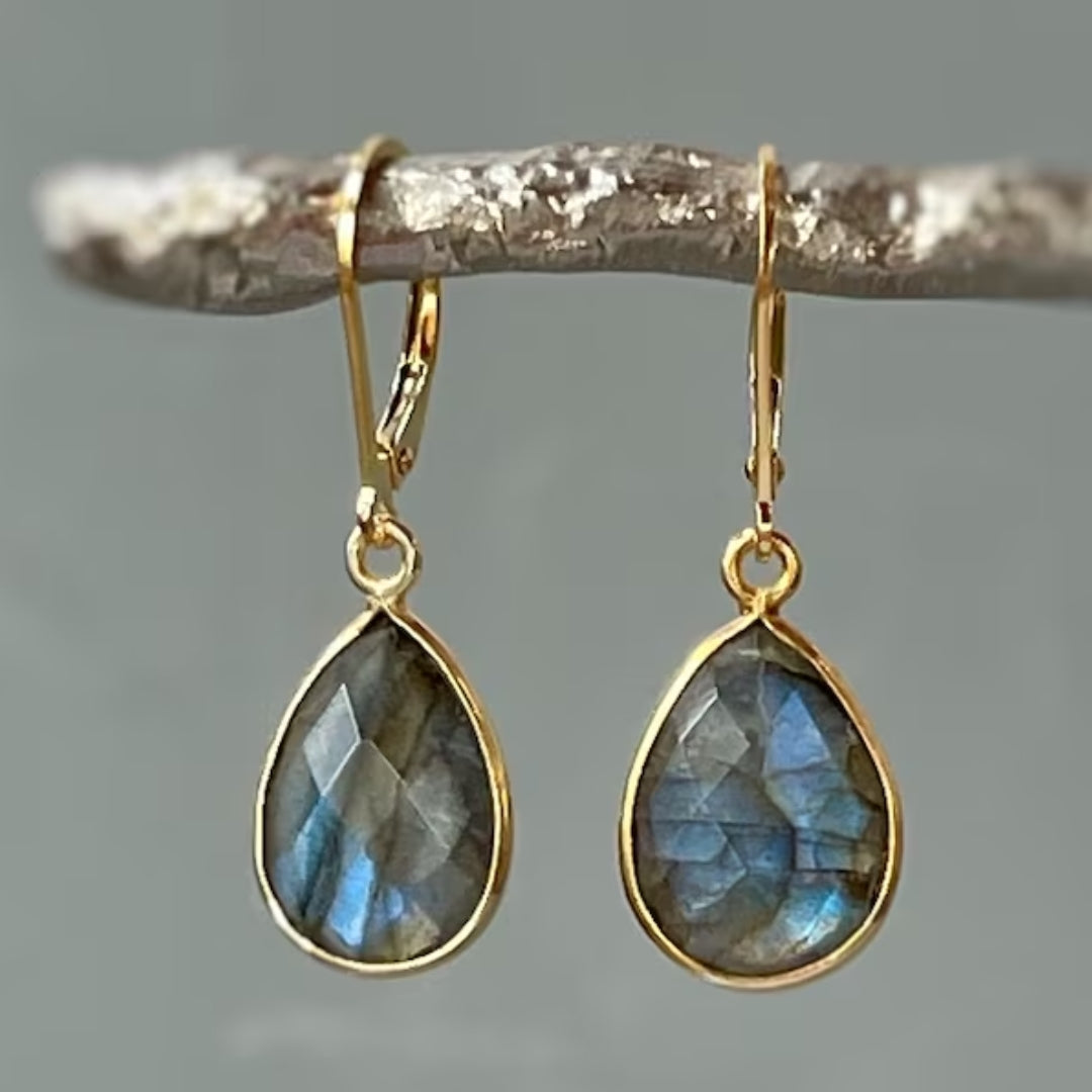 Vintage Blue Crystal Drop Gold Earrings