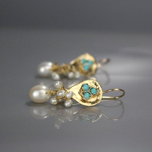 Vintage Gold Blue Steentjes & Pearl Earrings