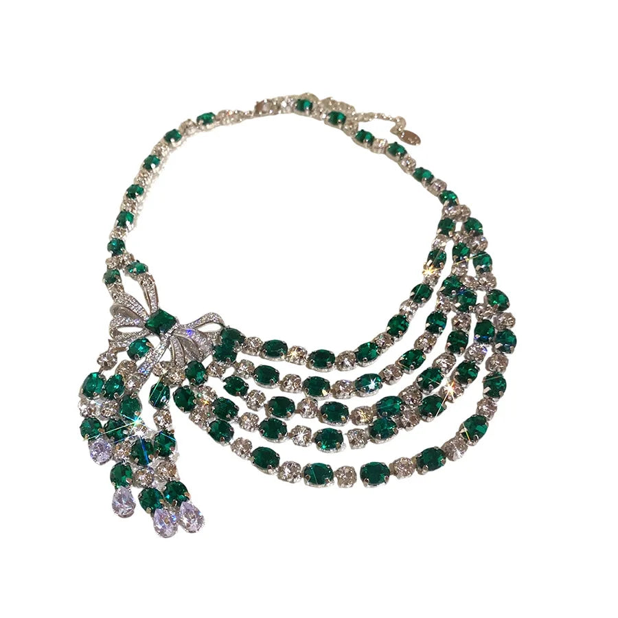 Vintage Bow & Crystal Pendant Necklace