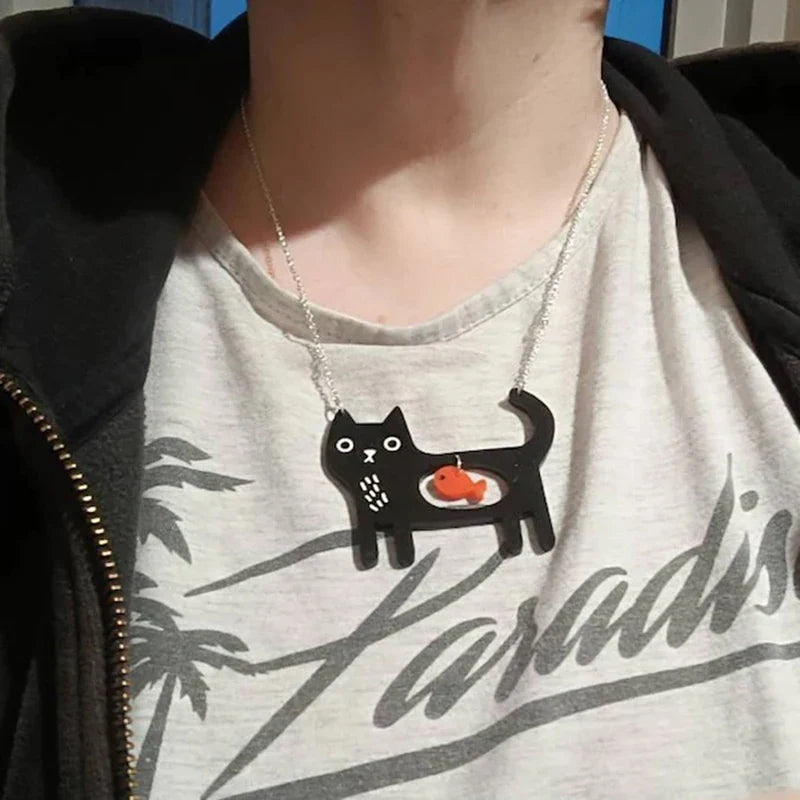 Playful Cat & Fish Acrylic Pendant Necklace