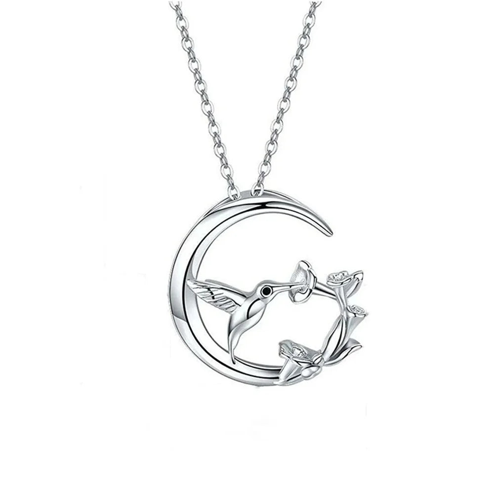 Moon & Bird Vintage Silver Pendant Necklace