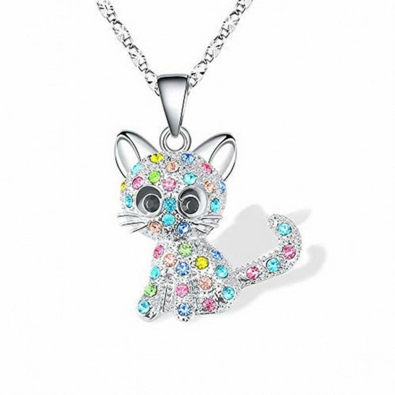Silver Kitten & Colourful Zirconia Necklace