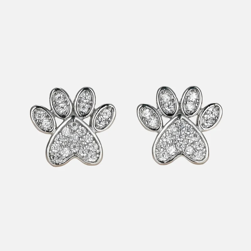 White Zirconia Paw Studs — Heart-Shaped Design