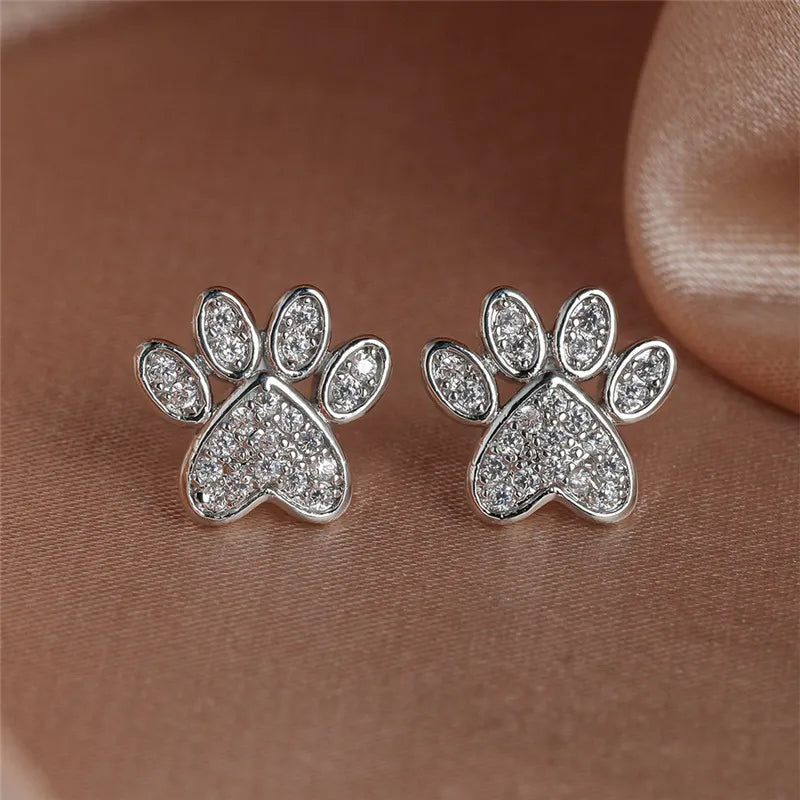 White Zirconia Paw Studs — Heart-Shaped Design