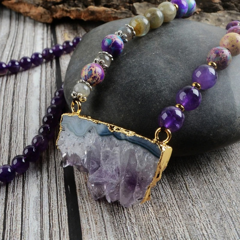 Amethyst, Jasper & Labradorite Druzy Beaded Necklace