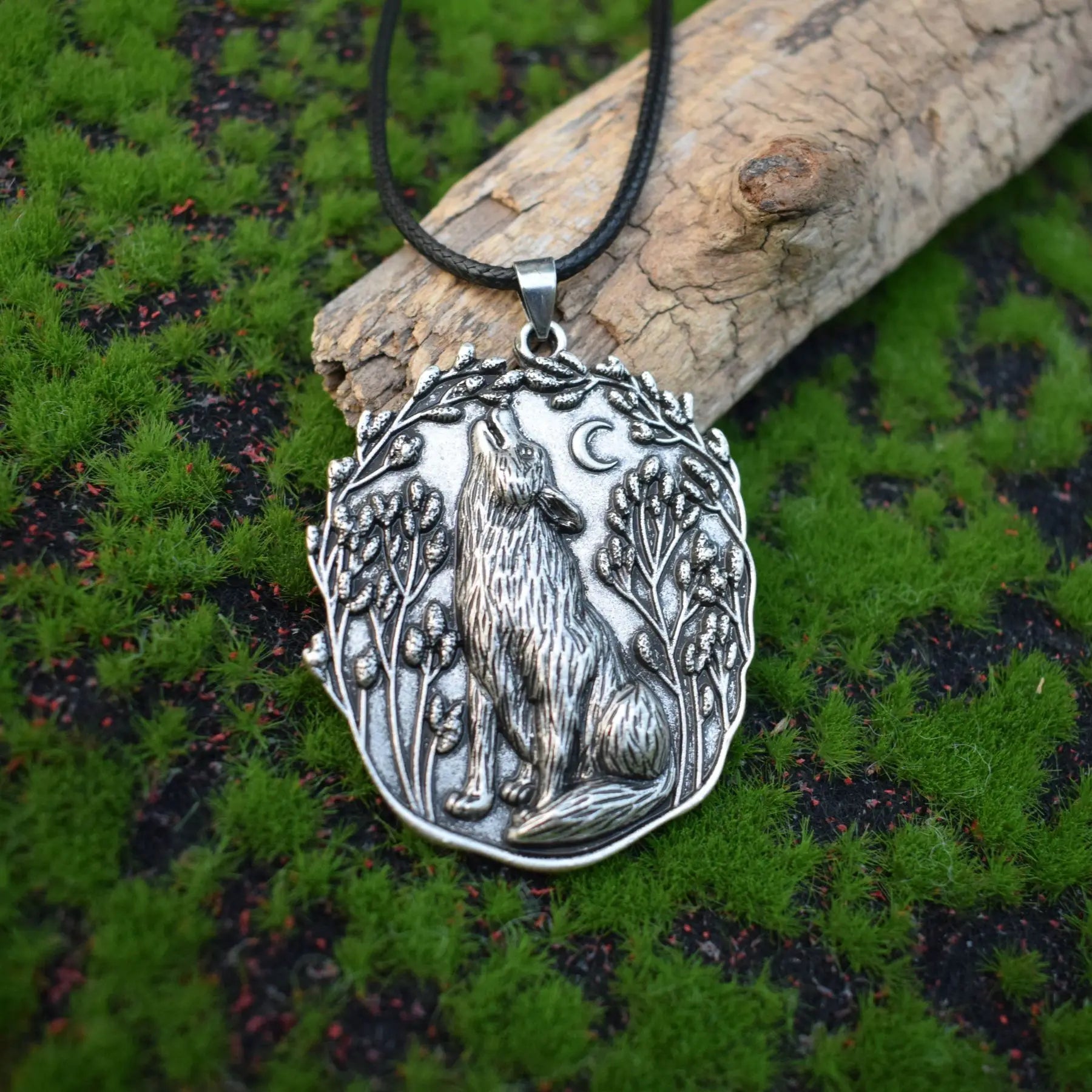 Moon Wolf Spirit Animal Pendant Necklace