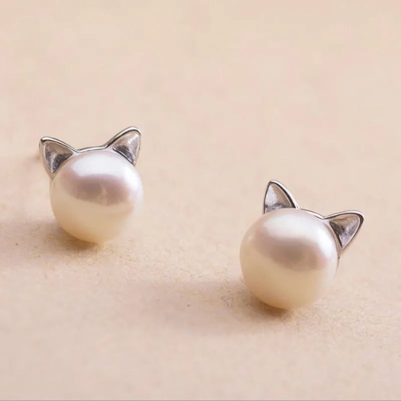 Sterling Silver Cat Pearls Stud Earrings