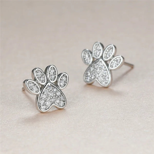White Zirconia Paw Studs — Heart-Shaped Design