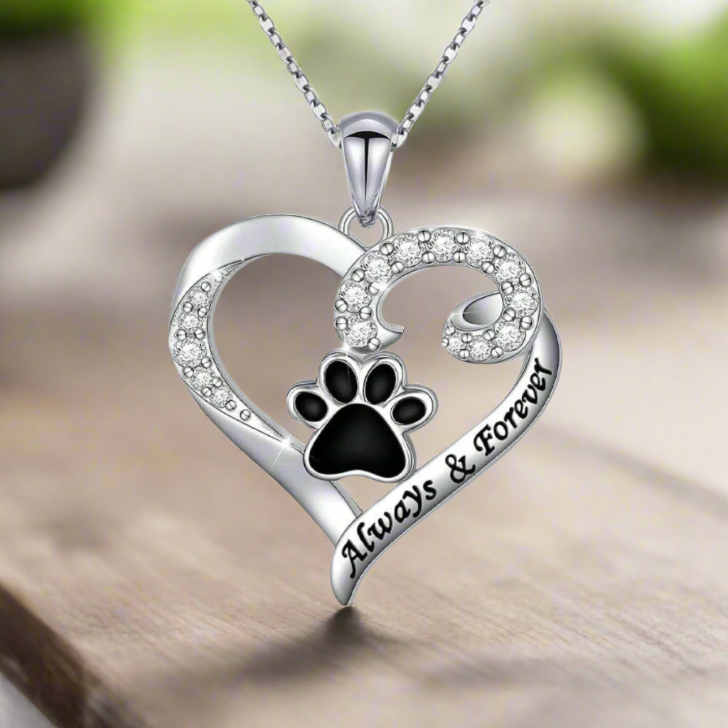 Dog Paw Necklace — Stainless Steel Heart with Zirconia