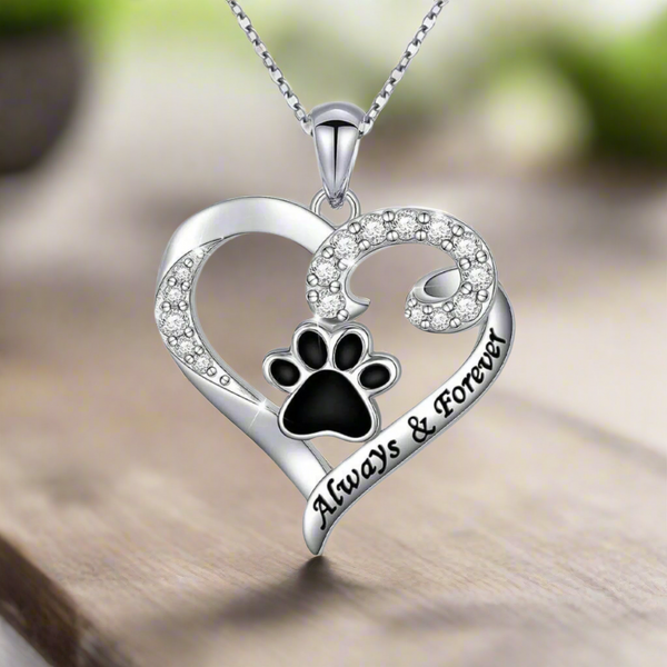 Dog Paw Necklace — Stainless Steel Heart with Zirconia