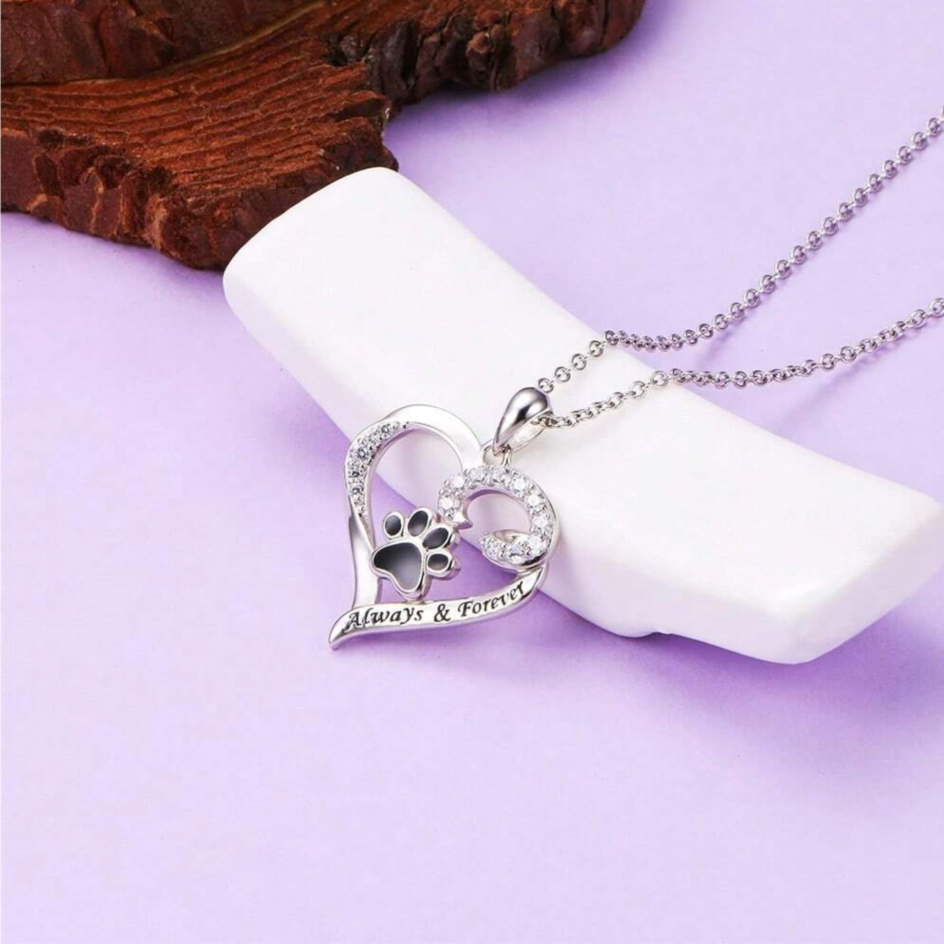Dog Paw Necklace — Stainless Steel Heart with Zirconia
