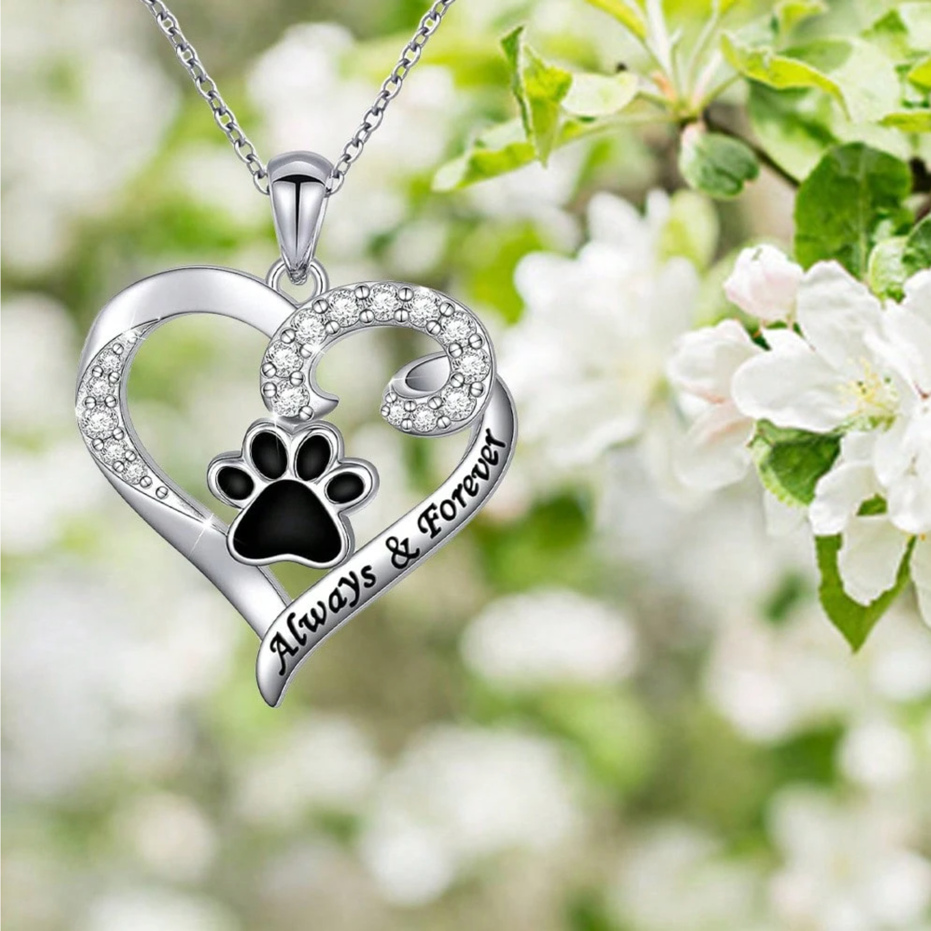 Dog Paw Necklace — Stainless Steel Heart with Zirconia