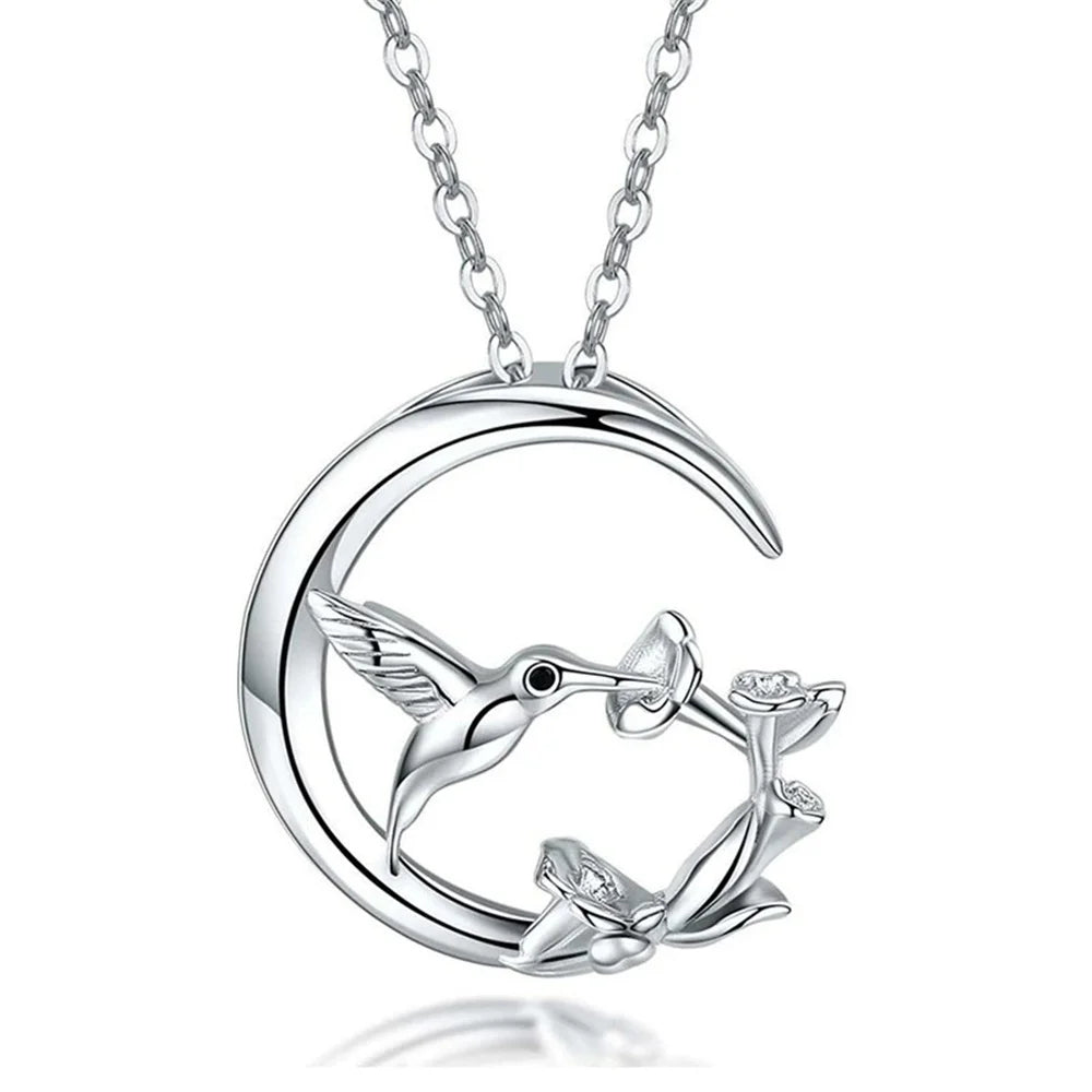 Moon & Bird Vintage Silver Pendant Necklace