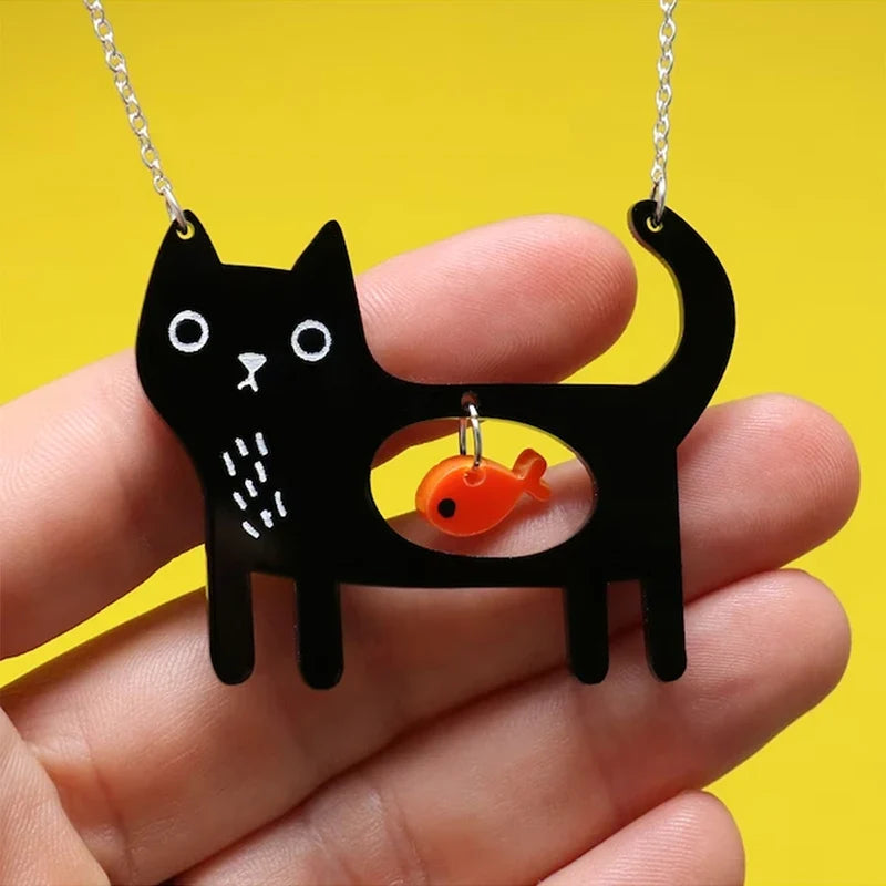 Playful Cat & Fish Acrylic Pendant Necklace
