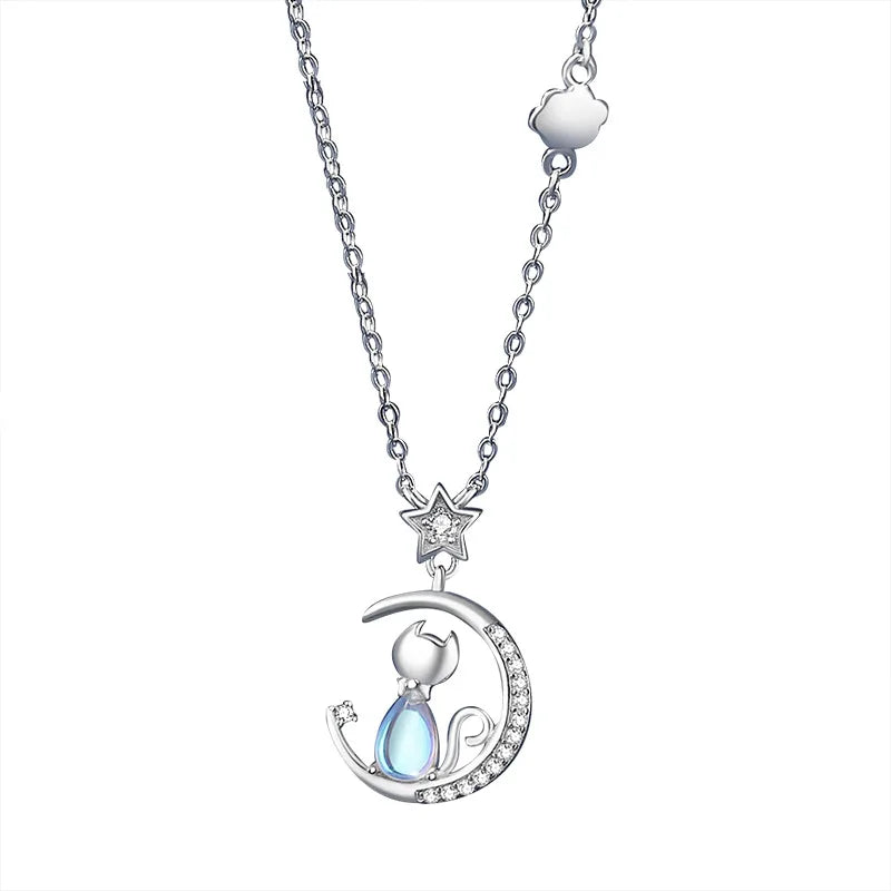 Sterling Silver Cat & Moon Necklace