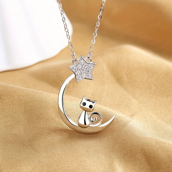 Sterling Silver Cat, Moon & Star Pendant