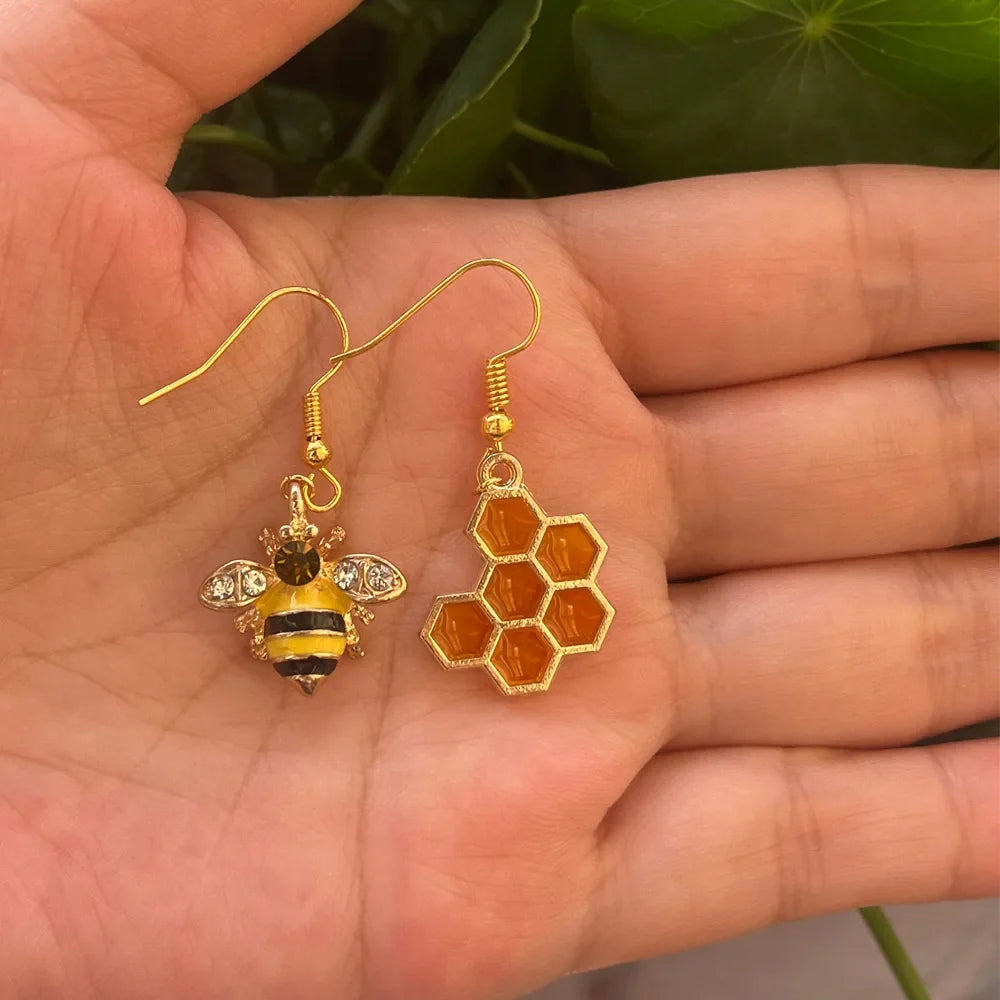 Gold Bee & Honeycomb Crystal Earrings