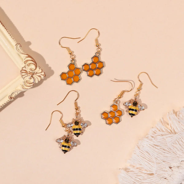 Gold Bee & Honeycomb Crystal Earrings
