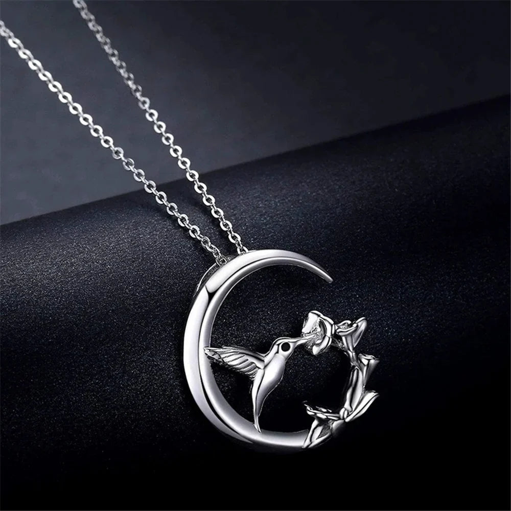 Moon & Bird Vintage Silver Pendant Necklace