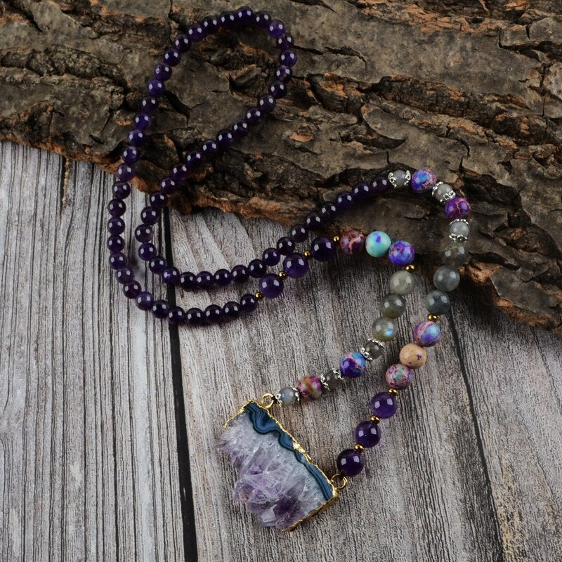 Amethyst, Jasper & Labradorite Druzy Beaded Necklace