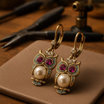 Vintage Owl Crystal Earrings – Gold-Plated, Hand-Set Crystal & Pearl Detail