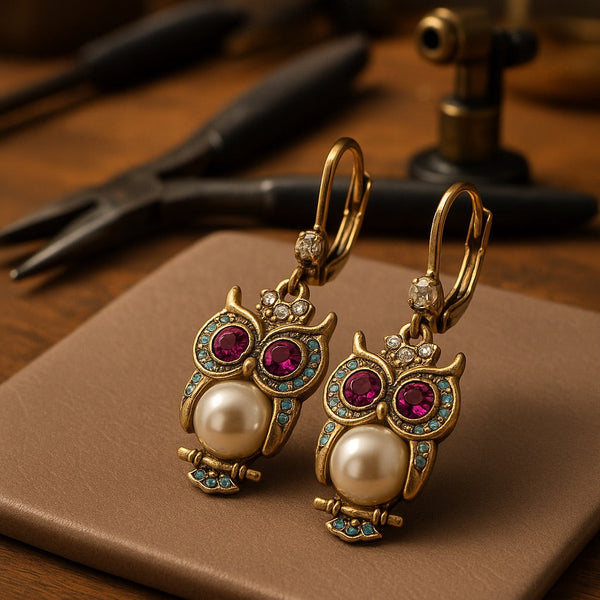Vintage Owl Crystal Earrings – Gold-Plated, Hand-Set Crystal & Pearl Detail