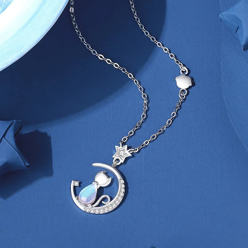 Sterling Silver Cat & Moon Necklace