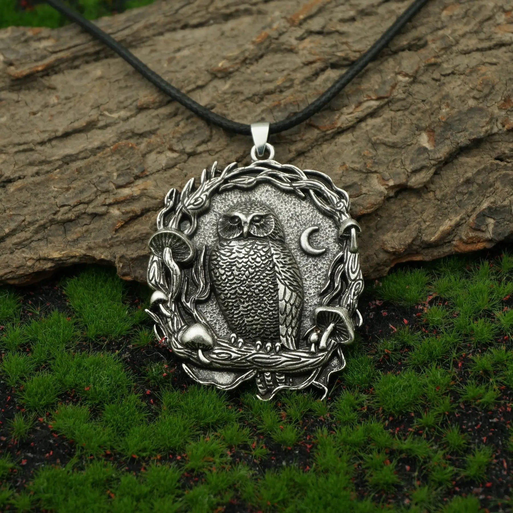 Mystic Owl, Moon & Mushroom Pendant Necklace
