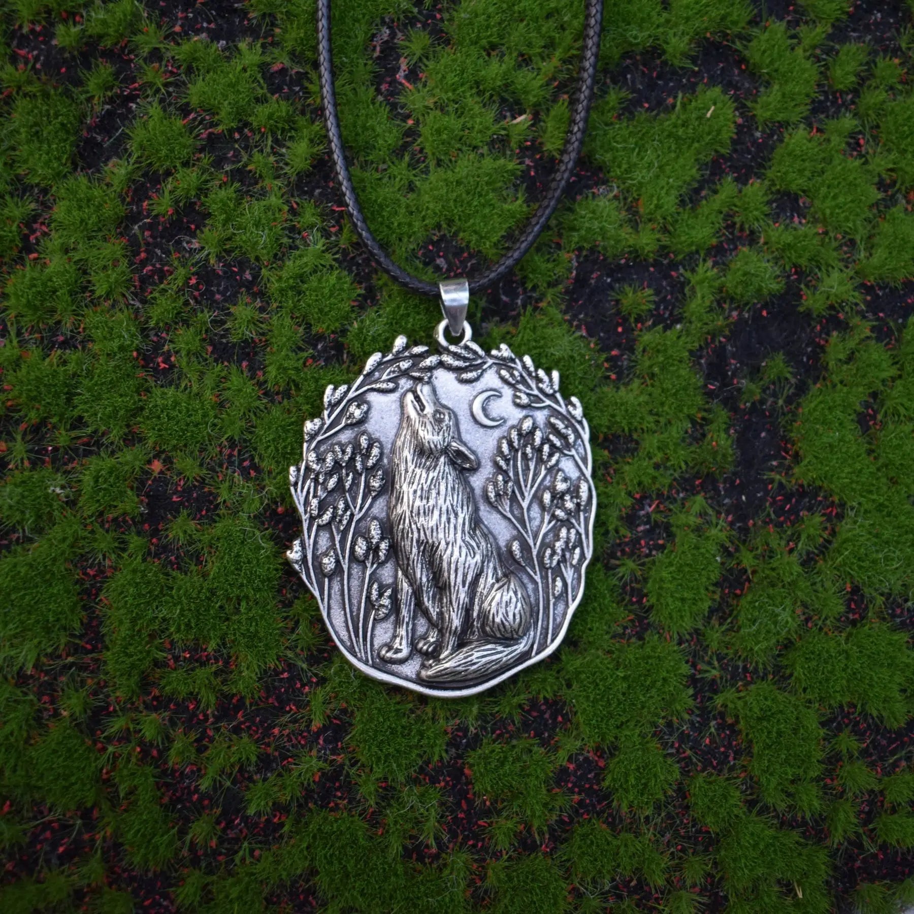 Moon Wolf Spirit Animal Pendant Necklace