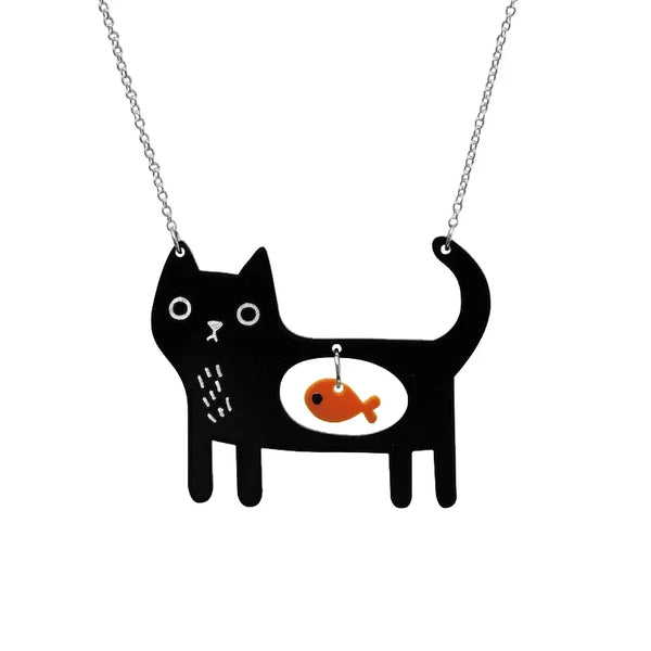 Playful Cat & Fish Acrylic Pendant Necklace
