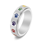 Spinning Stress-Reducing Paw Ring – Stainless Steel with Rainbow Paws