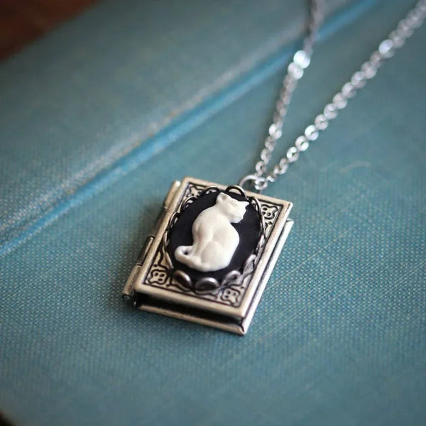 Vintage Cat Book Pendant Necklace — Turning Page Design