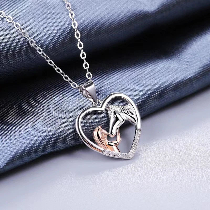Heart Zircon Girl & Horse Necklace