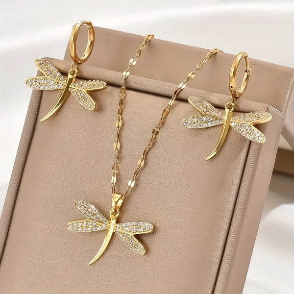 Gold Dragonfly Jewelry Necklace with Matching Earrings