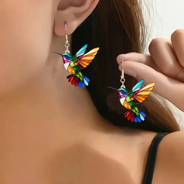 Acrylic Hummingbird Drop Earrings – Crystal 2D Bird Design