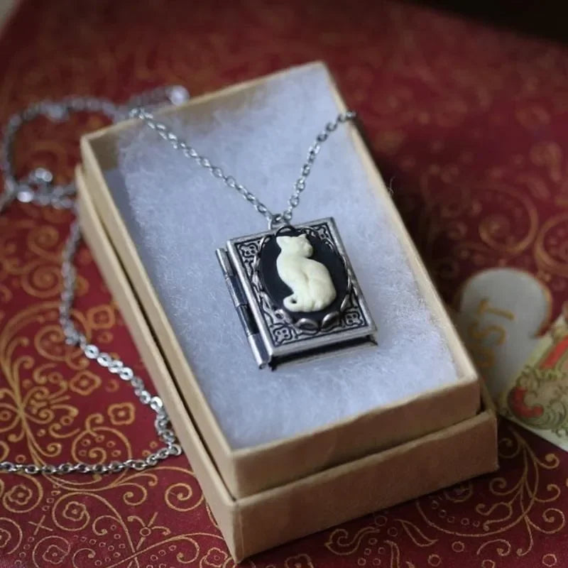 Vintage Cat Book Pendant Necklace — Turning Page Design