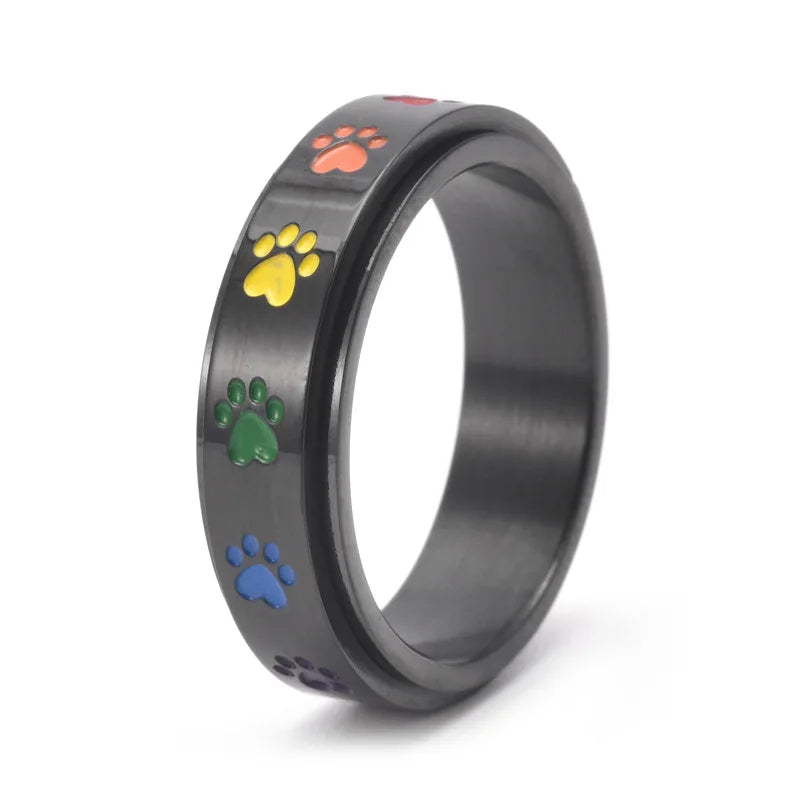 Spinning Stress-Reducing Paw Ring – Stainless Steel with Rainbow Paws