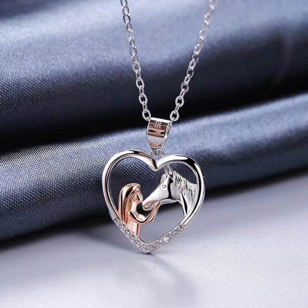 Heart Zircon Girl & Horse Necklace