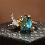 Adjustable Aquamarine-Colour Hummingbird Ring – 14K Gold Plated