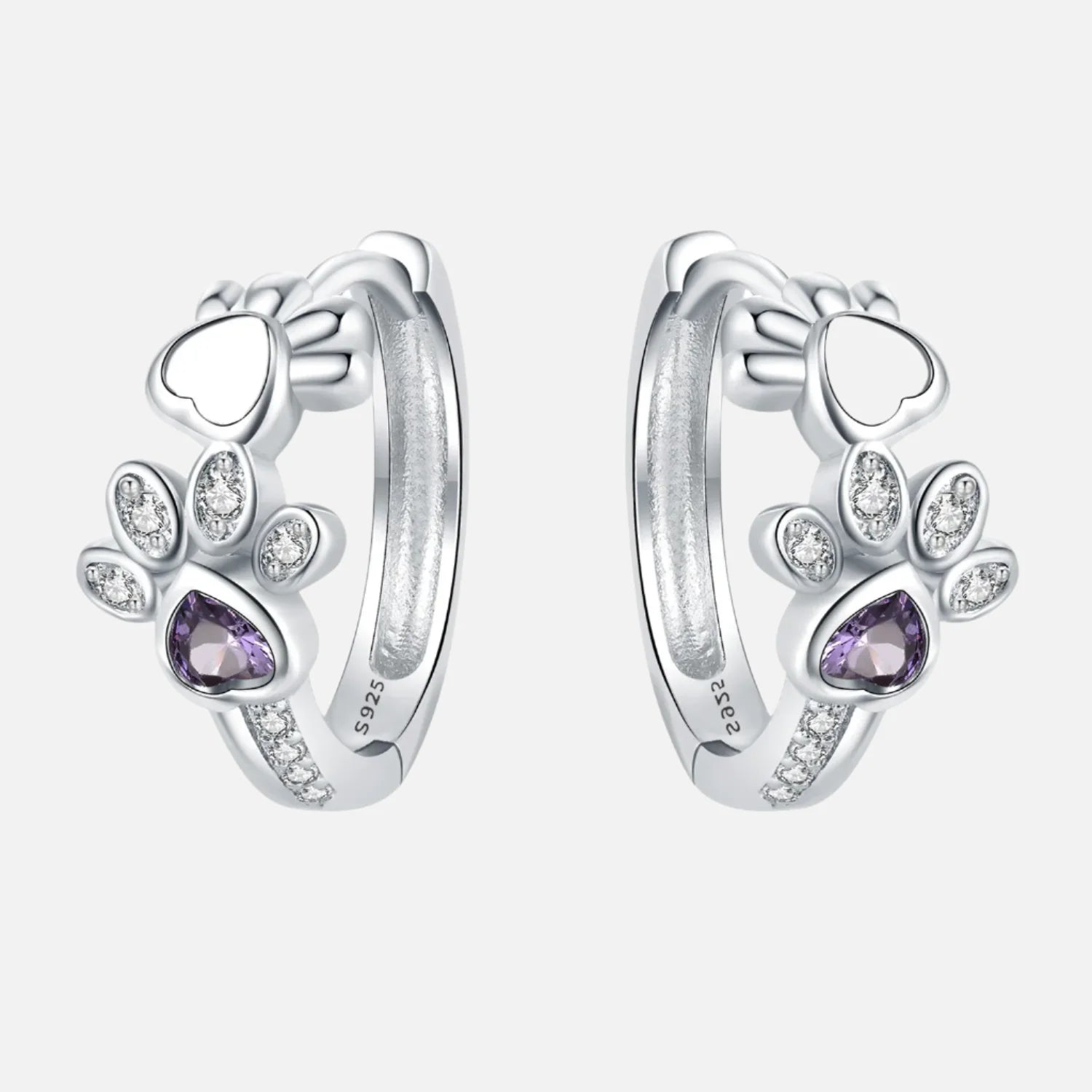 Paw Huggie Earrings in 925 Sterling Silver – with Zirconia & Heart Gemstone
