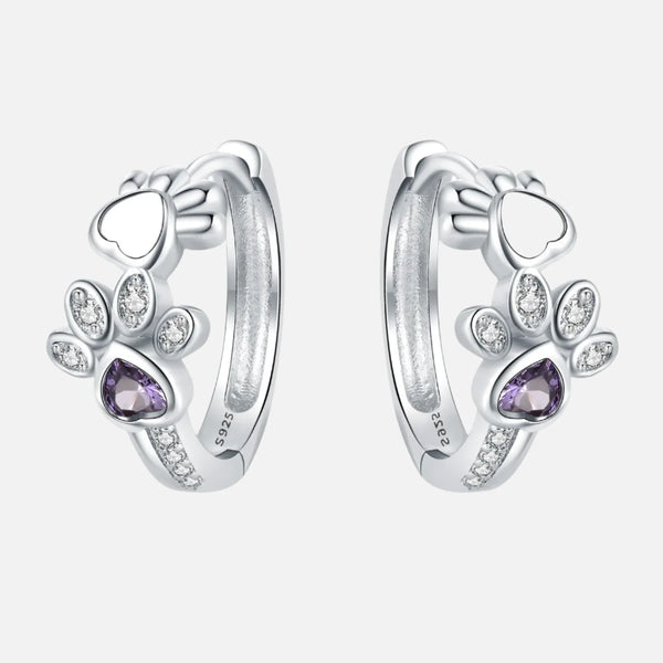 Paw Huggie Earrings in 925 Sterling Silver – with Zirconia & Heart Gemstone