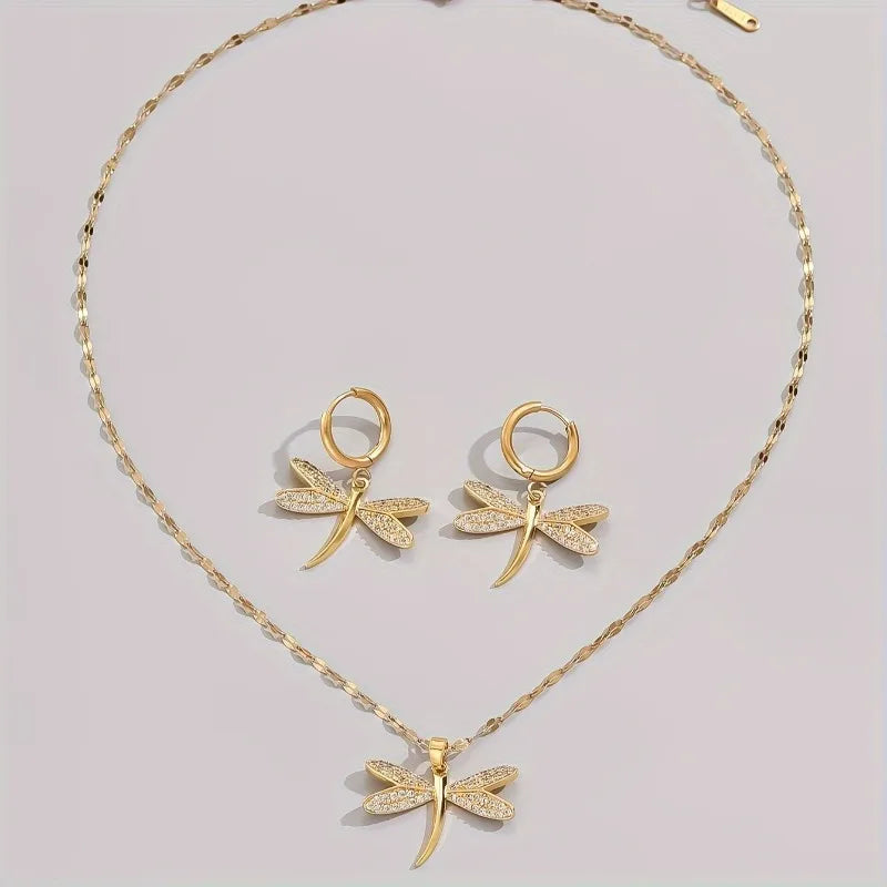 Gold Dragonfly Necklace with Matching Earrings