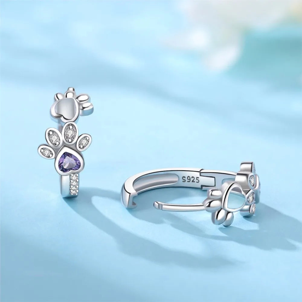 Paw Huggie Earrings in 925 Sterling Silver – with Zirconia & Heart Gemstone