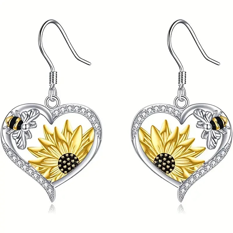 Vintage Boho Sunflower & Bee Heart Drop Earrings