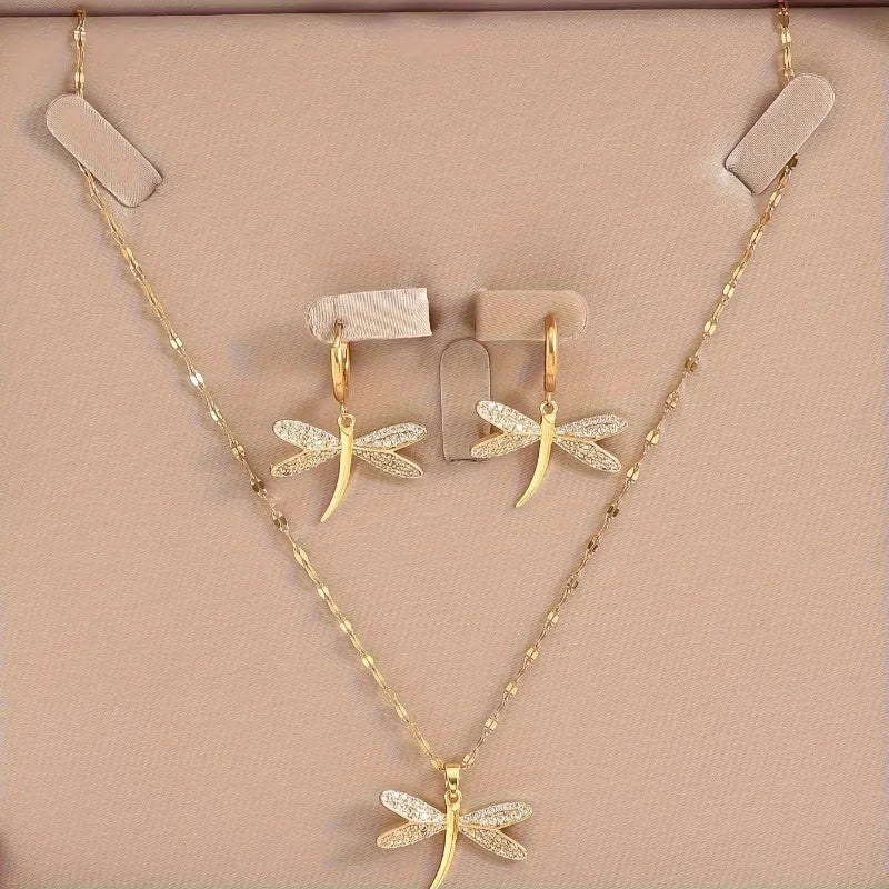 Gold Dragonfly Necklace with Matching Earrings