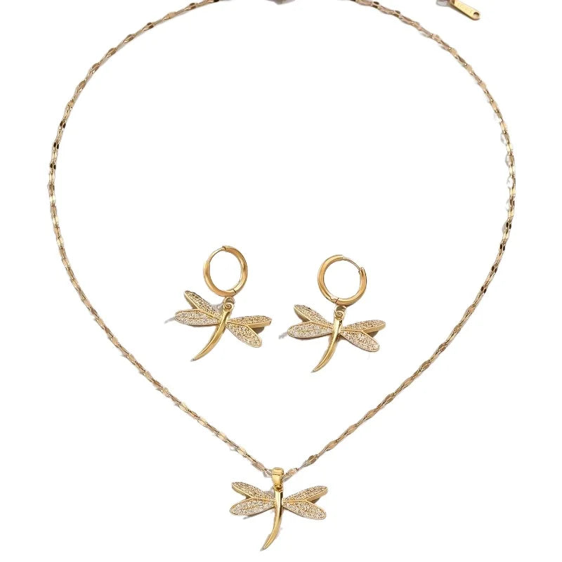 Gold Dragonfly Necklace with Matching Earrings