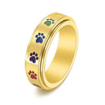 Spinning Stress-Reducing Paw Ring – Stainless Steel with Rainbow Paws
